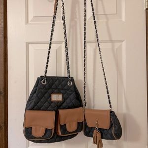 Sharif 1827 dark denim w/ tan trim convertible backpack purse w/ bonus minipurse